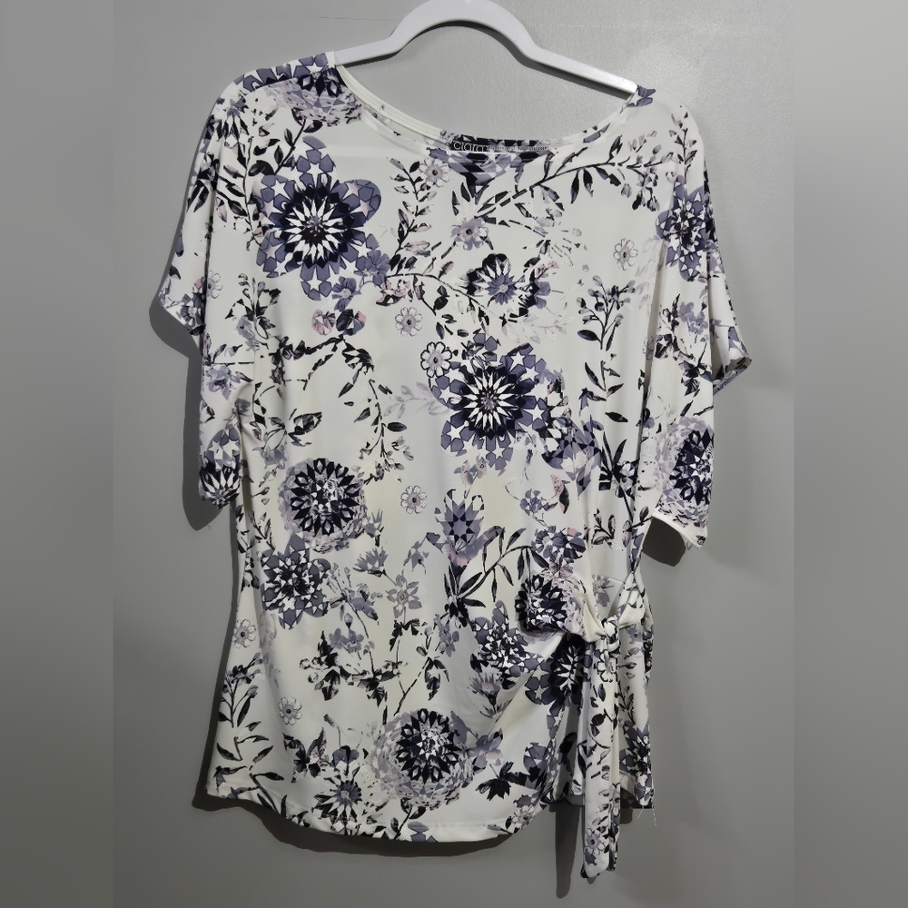 🌺🏵🌸Clara Sunwoo Floral Print Women's Tunic Top, side tie, White and Black, L